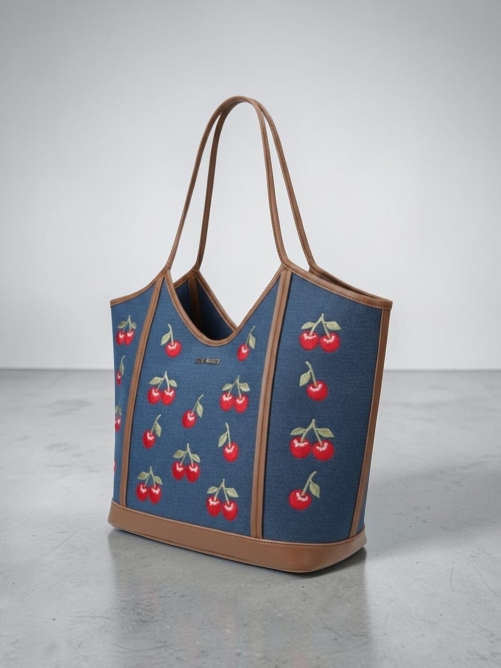 Nwt Steve Madden Cherry-Embroidered Blue Tote Bag with Brown Trim
